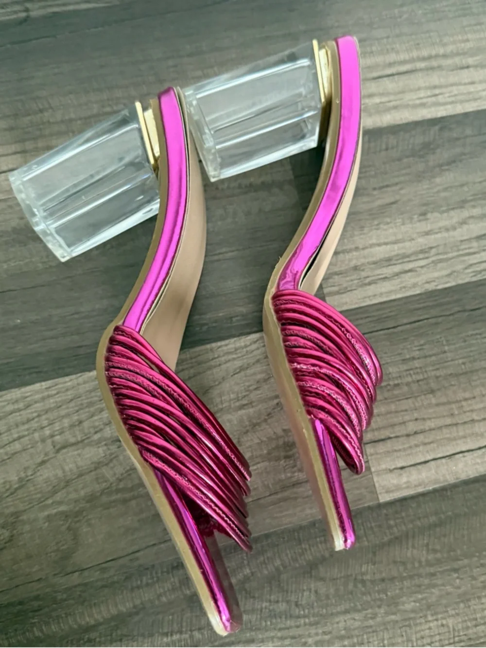 SHEIN Metallic Hot Pink Ruched Square-Toe Slide Mules - Picture 4 of 11